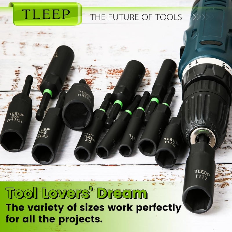 TLEEP Deep Nut Driver Set for Impact Drill w/Wing Nut Driver Bit, Sae/Metric 80MM Deep Nut Driver Bits, 1/4" Quick Change, 8mm 10mm 13mm 9/16”(14mm) 5/8”(16mm) 17mm 3/4”(19mm) 5/16” 3/8” 7/16” 1/2” - Image 2